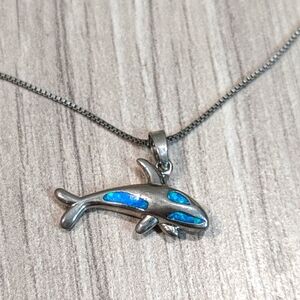 Sterling Silver DOLPHIN Pendant Vibrant Blue Green Lab Created Opal Inlay 16"